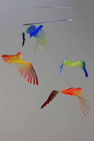 Bird hanging mobile with 4 parts, Colorful painted stainless steel