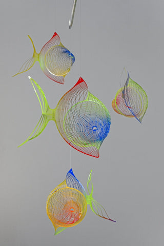 Fish hanging mobile with 4 parts, Colorful painted stainless steel front view