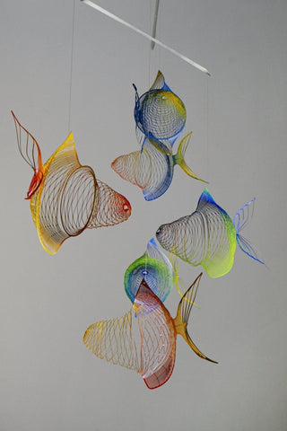 Fish hanging mobile with 6 parts, Colorful painted stainless steel front view