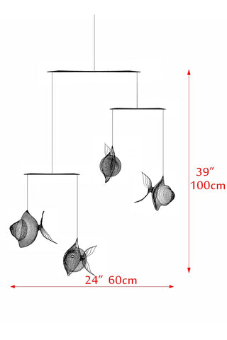 Fish mobile from brass, 4 part goldfish kinetic art technical sketch