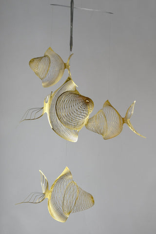 Fish mobile from brass, 4 part goldfish kinetic art side view