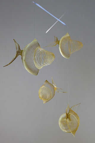Fish mobile from brass, 4 part goldfish kinetic art bottom view