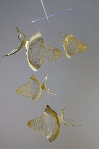 Fish mobile from brass, 4 part goldfish kinetic art
