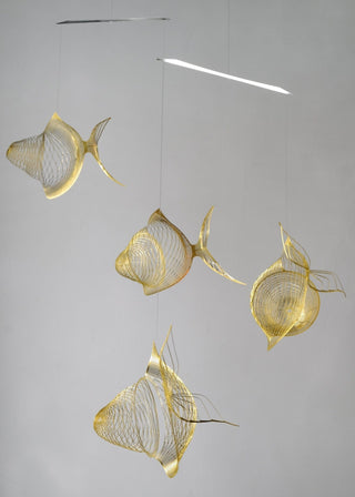 Fish mobile from brass, 4 part goldfish kinetic art
