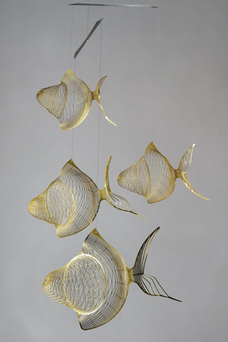 Fish mobile from brass, 4 part goldfish kinetic art front view
