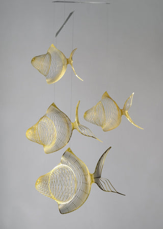 Fish mobile from brass, 4 part goldfish kinetic art