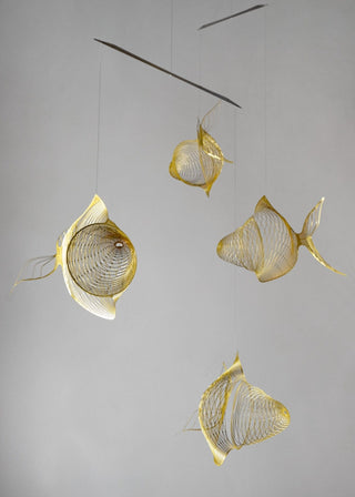Fish mobile from brass, 4 part goldfish kinetic art from bottom