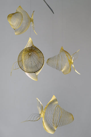 Fish mobile from brass, 4 part goldfish kinetic art