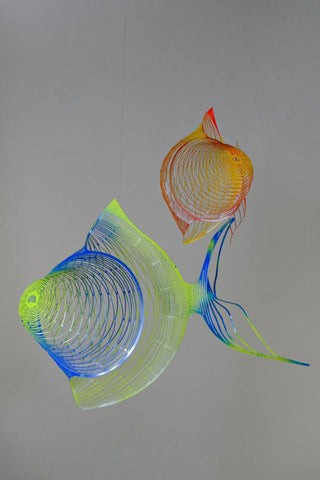 Large fish hanging mobile with 2 parts, Colorful painted stainless steel front view
