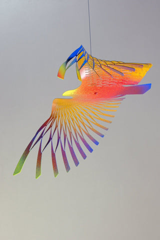 Large hanging bird, colorful painted stainless steel bottom view