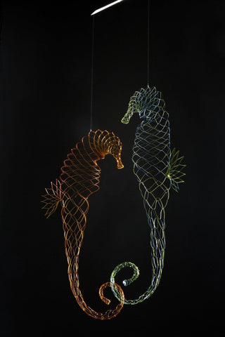 Seahorse hanging mobile 2 part colorful painted stainless steel front view