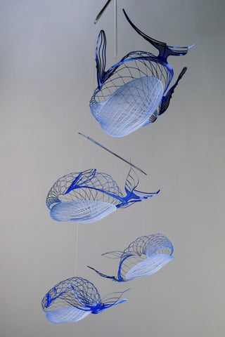 Whale Mobile Kinetic Sculpture with 4 parts, painted stainless steel bottom view