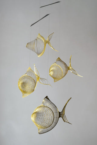 4 gold fish mobile, Bass hanging metal art