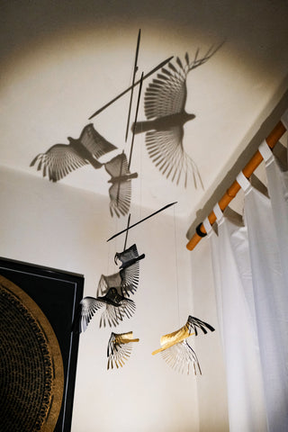 Bird Hanging Mobile – 4-Part Brass & Black Painted Ceiling Decor