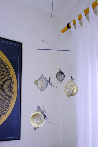 Fish Hanging Mobile – 4-Part Brass & Black Kinetic Metal Fish Decor