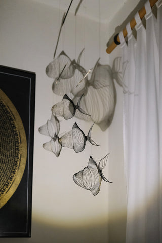 Fish Hanging Mobile – 4-Part Brass & Black Kinetic Metal Fish Decor