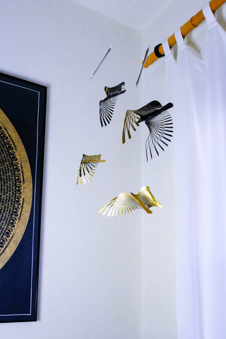 Bird Hanging Mobile – 4-Part Brass & Black Painted Ceiling Decor