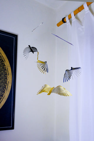 Bird Hanging Mobile – 4-Part Brass & Black Painted Ceiling Decor