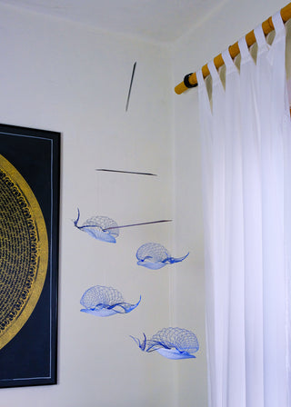 Whale Hanging Mobile – 4-Part Painted Stainless Steel Kinetic Sculpture for Ocean Lovers