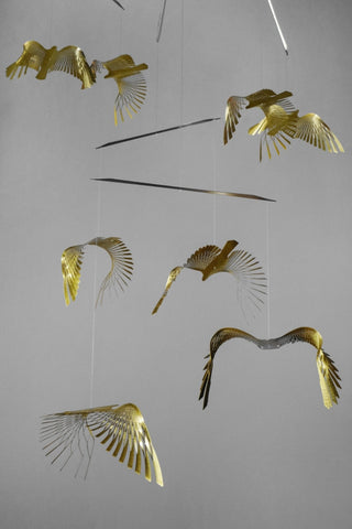 Bird Hanging Mobile – 8-Part Brass Kinetic Art for High Ceiling