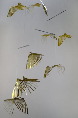 Bird Hanging Mobile – 8-Part Brass Kinetic Art for High Ceiling