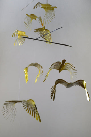 Bird Hanging Mobile – 8-Part Brass Kinetic Art for High Ceiling
