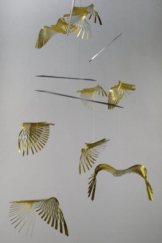 Bird Hanging Mobile – 8-Part Brass Kinetic Art for High Ceiling