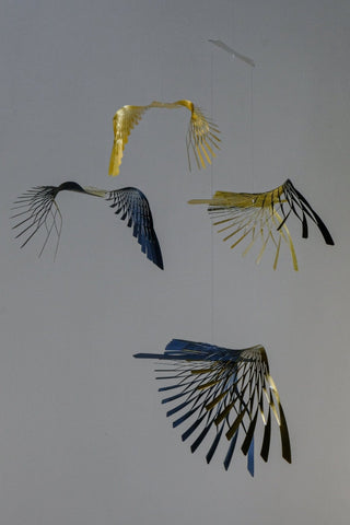 Bird Hanging Mobile – 4-Part Brass & Black Painted Ceiling Decor
