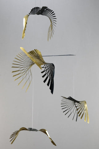 Bird Hanging Mobile – 4-Part Brass & Black Painted Ceiling Decor