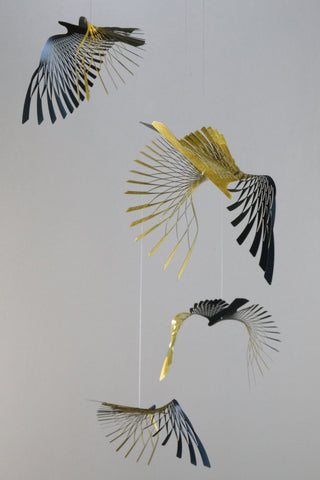 Bird Hanging Mobile – 4-Part Brass & Black Painted Ceiling Decor