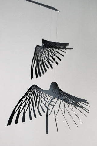 Black Bird Silhouette Hanging Mobile – 4-Part Stainless Steel Kinetic Sculpture for Modern Spaces