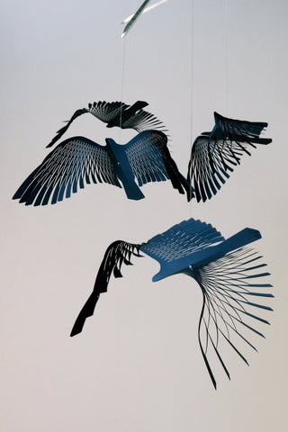 Black Bird Silhouette Hanging Mobile – 4-Part Stainless Steel Kinetic Sculpture for Modern Spaces