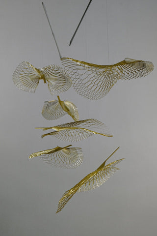 Brass leaf mobile, 6 part kinetic art fron bottom view