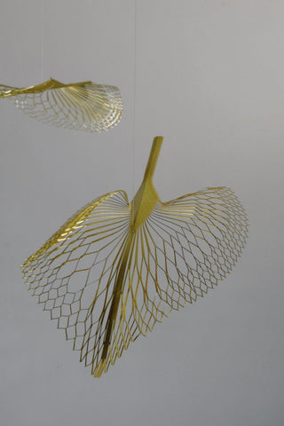 Brass leaf mobile, 6 part kinetic art, detail