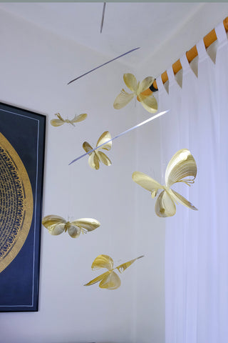 Butterfly Hanging Mobile – 6-Part Brass Sculpture for Contemporary Spaces
