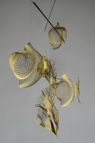 Fish & Coral Hanging Mobile – 6-Part Brass Kinetic Sculpture