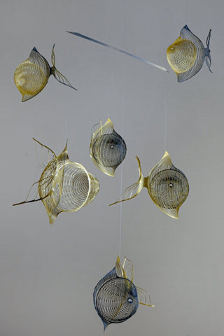 Fish hanging mobile with 6 parts brass and black  from front