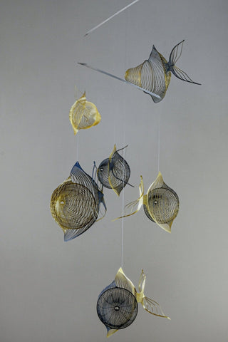 Fish Hanging Mobile – 6-Part Brass & Black Painted Kinetic Art