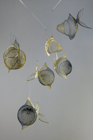 Fish hanging mobile with 6 parts brass and black bottom view