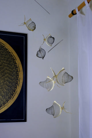 Fish Hanging Mobile – 6-Part Brass & Black Painted Kinetic Art