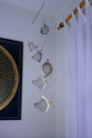 Fish Hanging Mobile – 6-Part Brass & Black Painted Kinetic Art