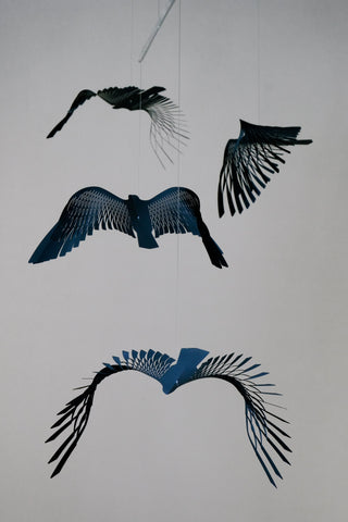 Black Bird Silhouette Hanging Mobile – 4-Part Stainless Steel Kinetic Sculpture for Modern Spaces