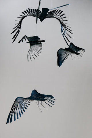 Black Bird Silhouette Hanging Mobile – 4-Part Stainless Steel Kinetic Sculpture for Modern Spaces