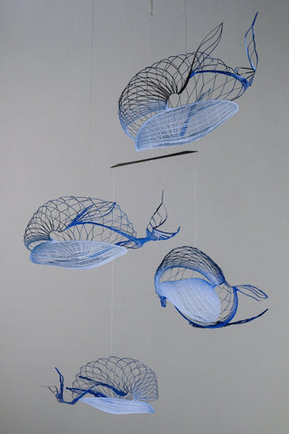 Whale Mobile Kinetic Sculpture with 4 parts, painted stainless steel front view