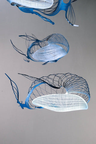 Whale Mobile Kinetic Sculpture with 4 parts, painted stainless steel  detail